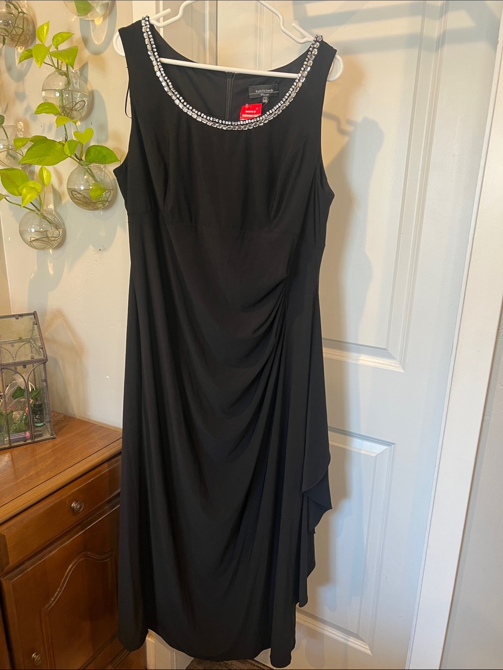 R&M Richards Black Sleeveless Midi Dress with Beaded Neckline